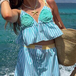 Pitusa green and white striped matching shorts and halter tank set one size